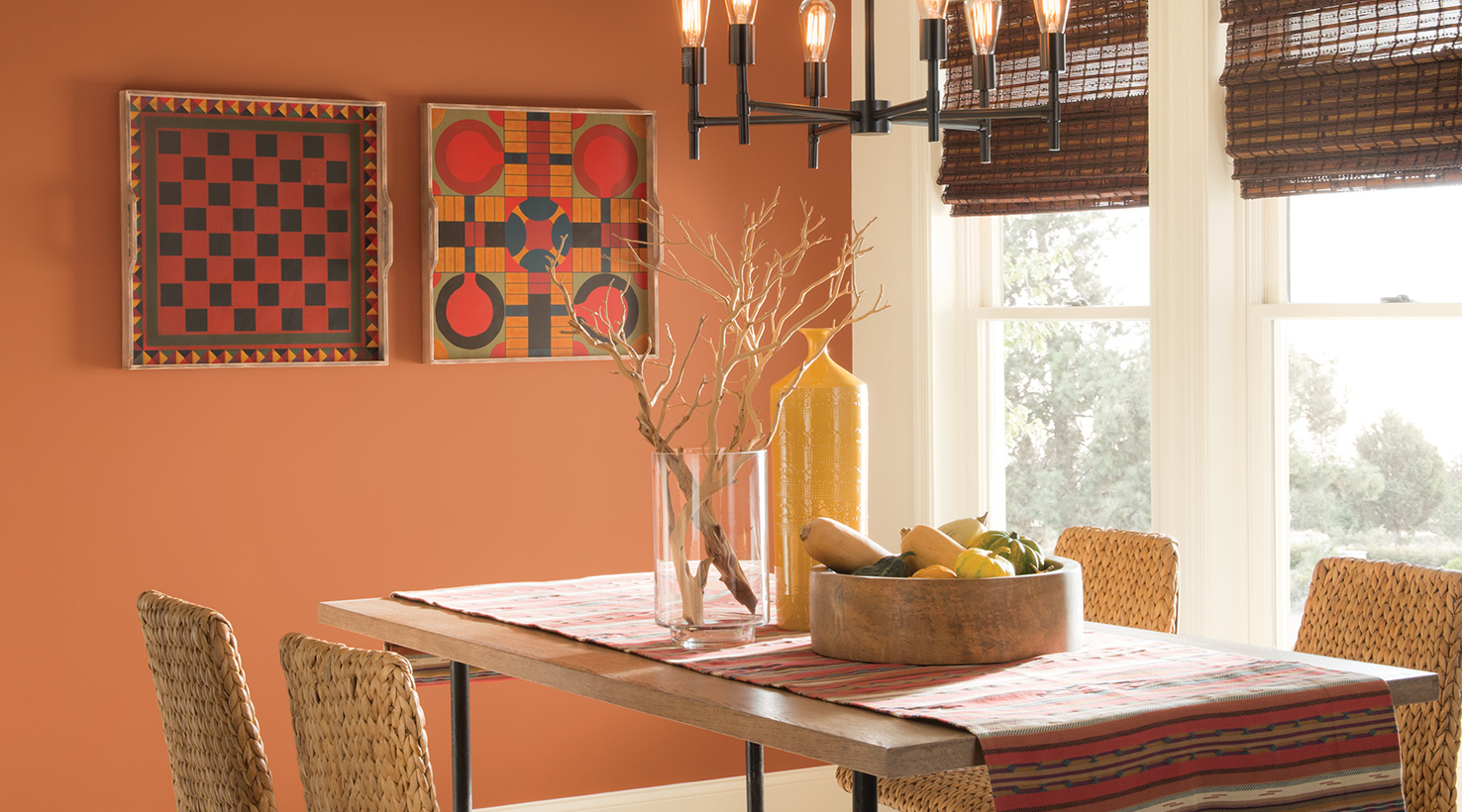 Red and orange colour vibrant dining room