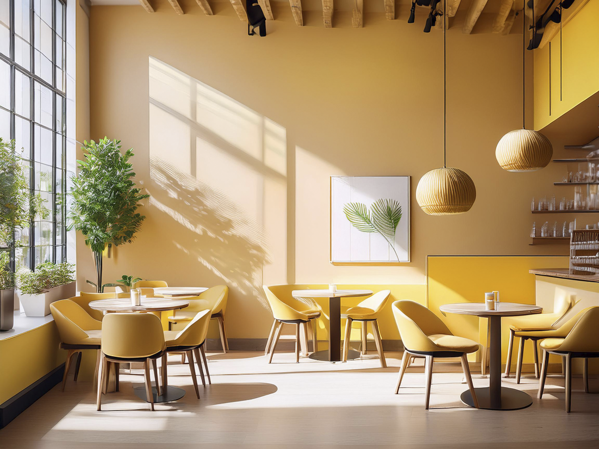 Inviting café with light  yellow and beige walls, showcasing a commercial painting trend